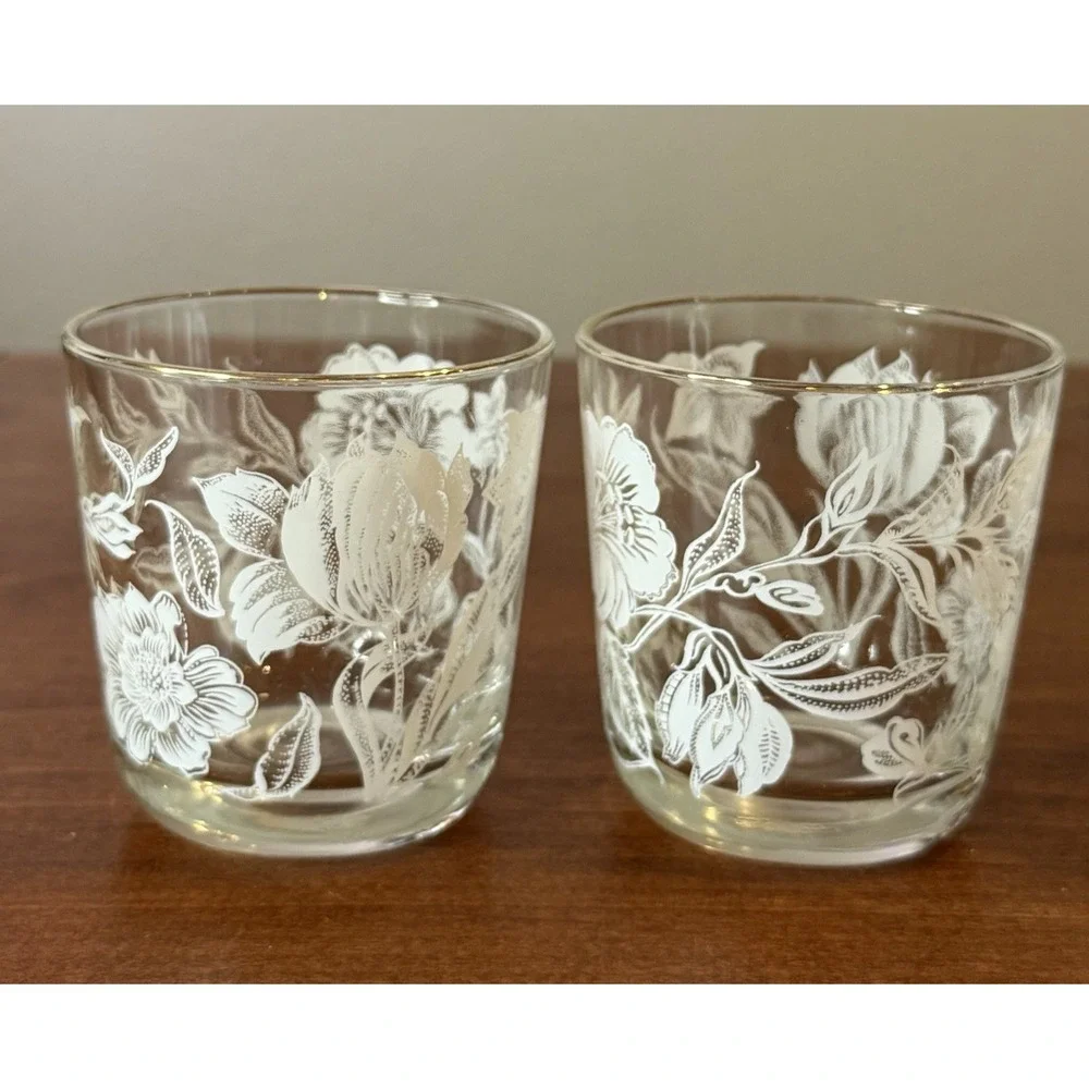 Set 4 Vintage Mid Century Juice Condiment Glasses Half Pint White Flowers 3.25